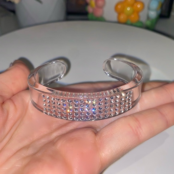 Clear Acrylic Lucite Cuff Bracelet With Crystals, Chunky Wide Crystal Cuff - Picture 3 of 11